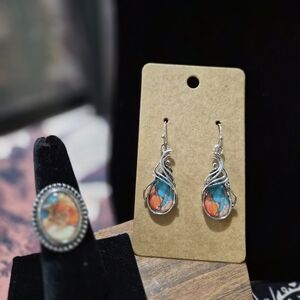 Multicolor Turquoise Earring & Ring Set Size 7 Western Wear A21